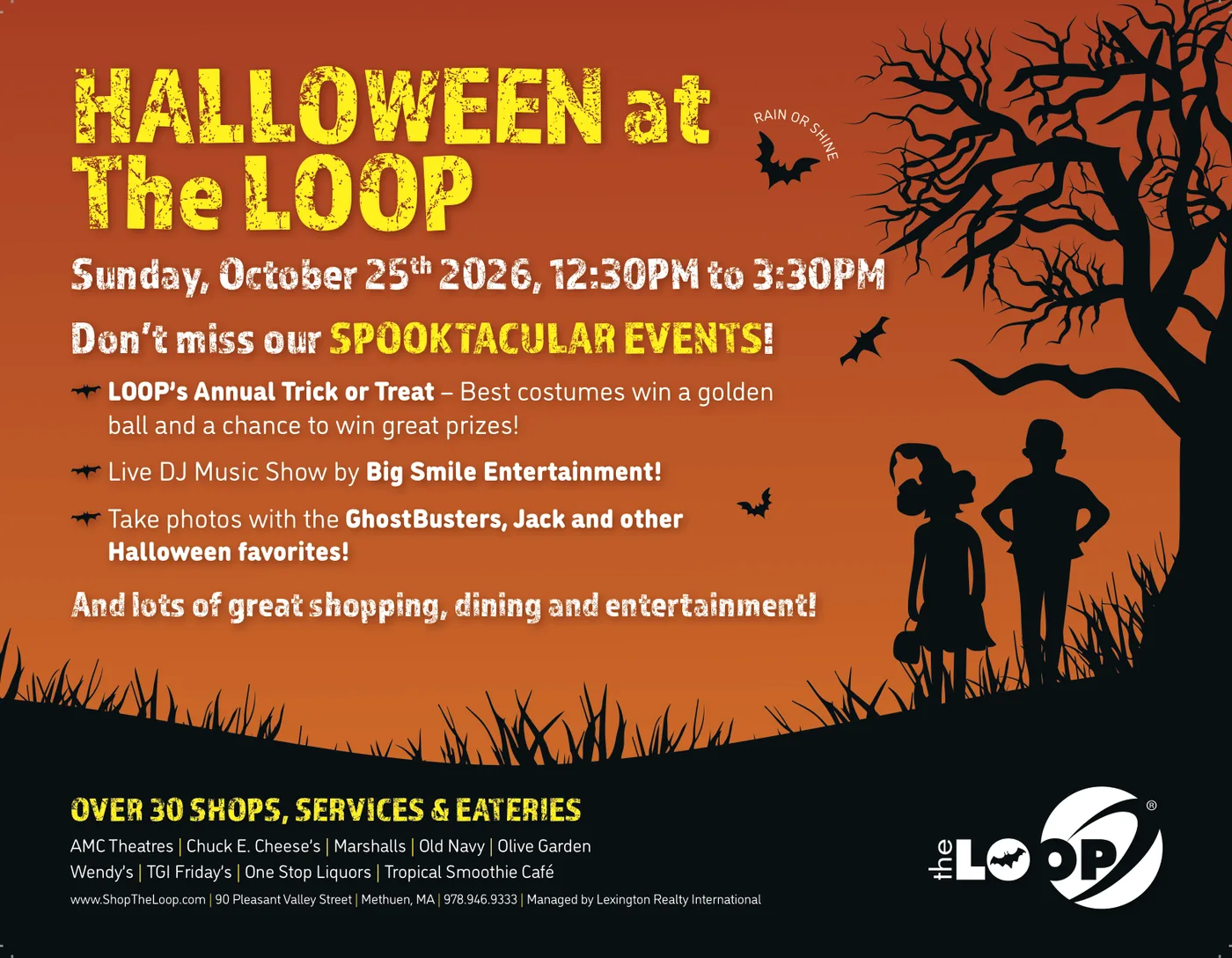 Halloween at The Loop flyer. Sunday, October 25th 2026, 12:30PM to 3:30PM. Loop's Annual Trick or Treat with a costume contest and prizes, a live DJ music show by Big Smile Entertainment, and photos with the GhostBusters, Jack and other Halloween favorites. Rain or shine. Over 30 shops, services and eateries.